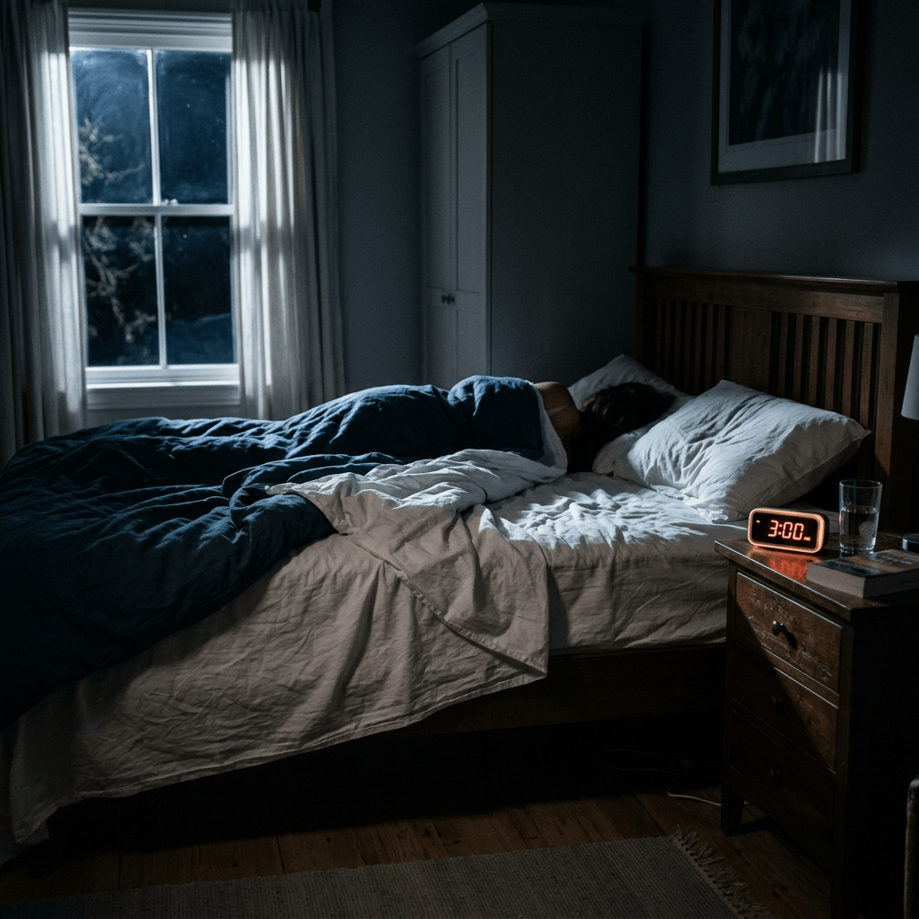 Person sleeping in bed at night with clock showing 3:00 AM