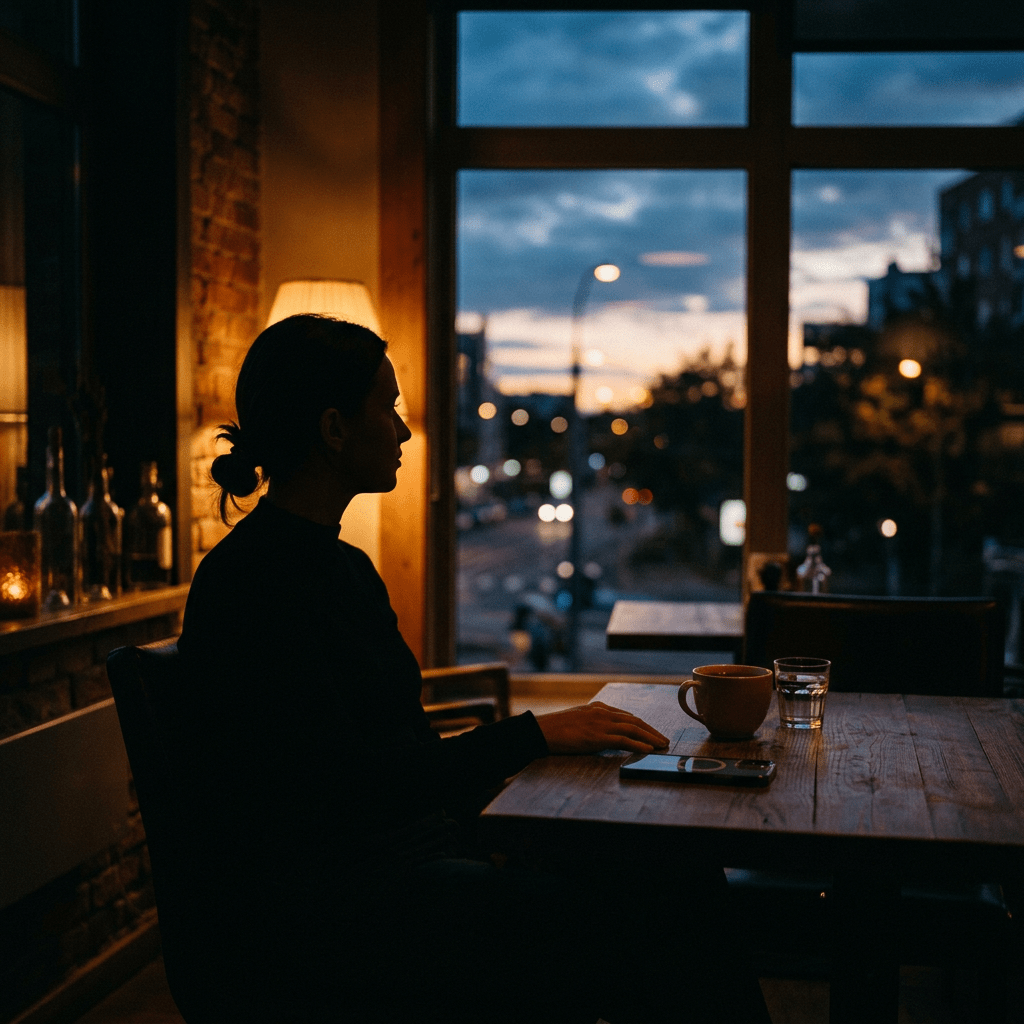 Silhouette of a person sitting at a table in a dimly lit cafe with a cup, glass, and phone, overlooking a city street at sunset.