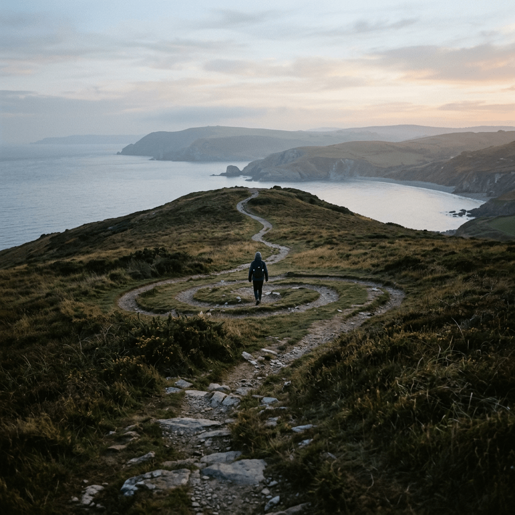 Person walking on a spiral trail on grassy coastal hill overlooking the sea at sunset