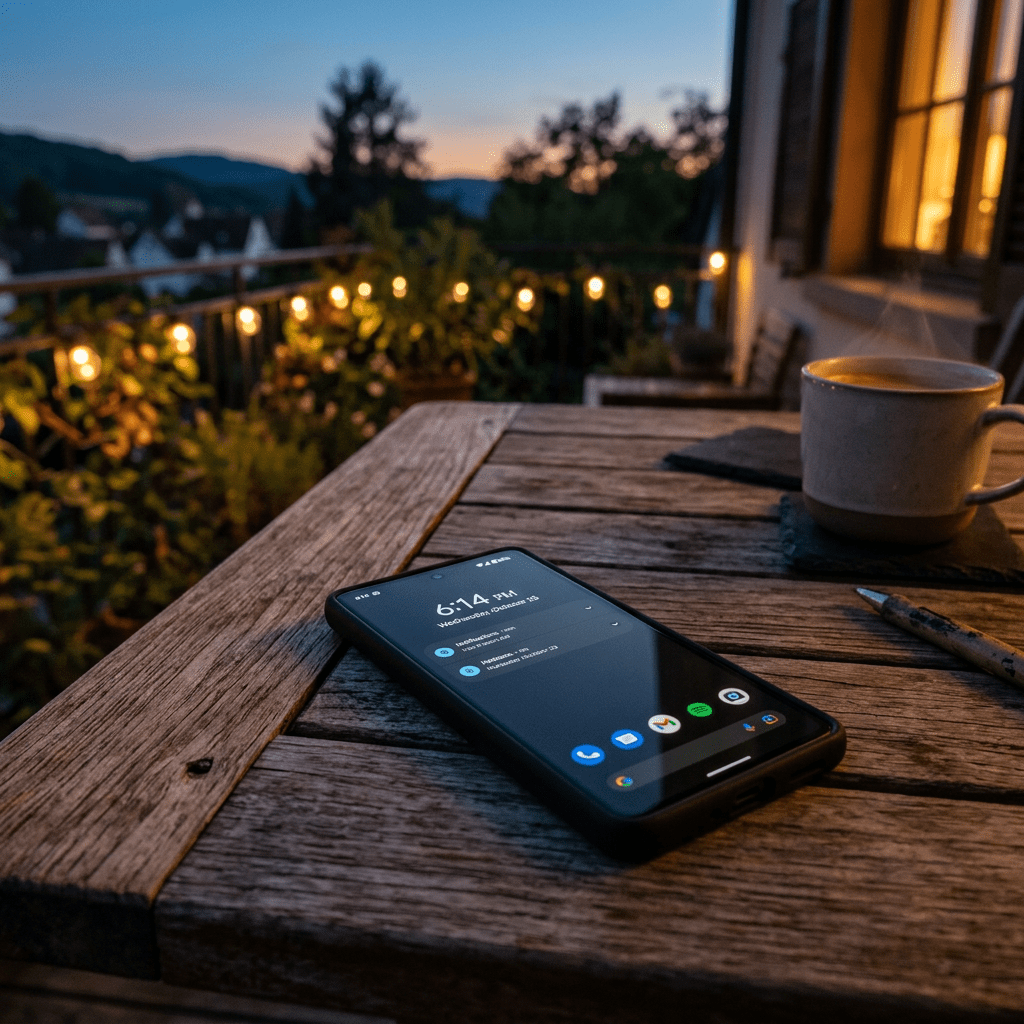 Smartphone on wooden table showing notifications and time 6:14 PM with steaming coffee cup nearby
