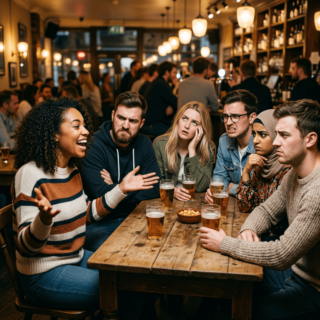 Six friends at a pub table, five showing confused or disbelieving expressions as one animatedly talks