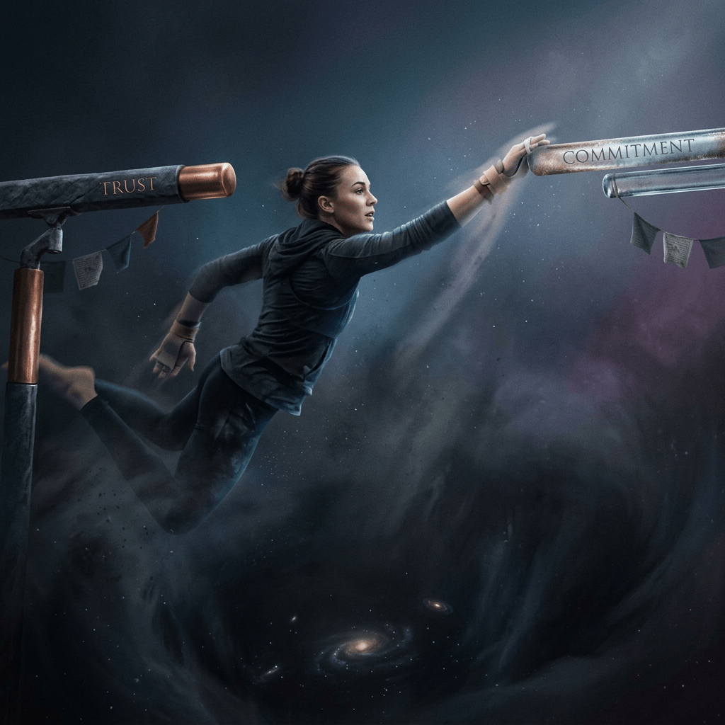Woman reaching from a bar labeled 'Trust' towards another bar labeled 'Commitment' in space
