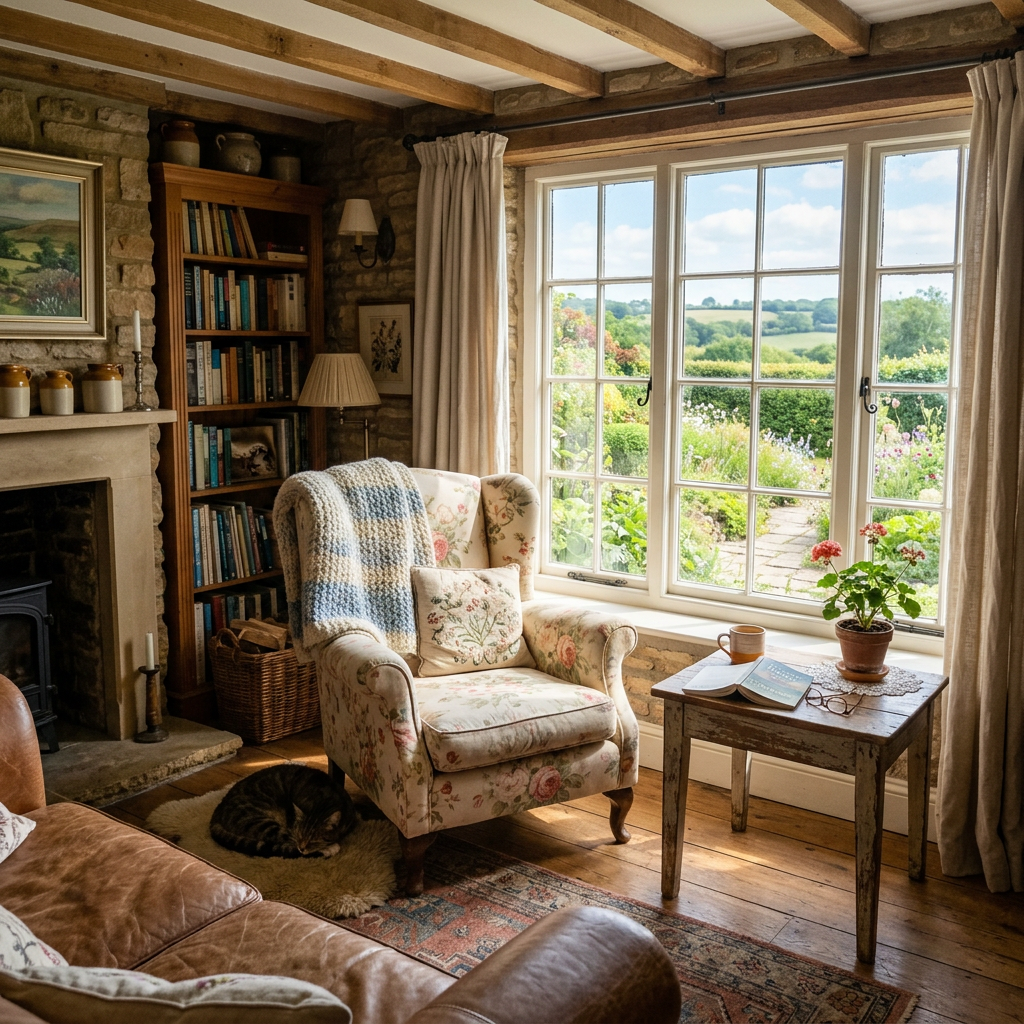 Floral armchair with a blanket beside a window showing a garden view, next to a small wooden table with a book, mug, and plant.