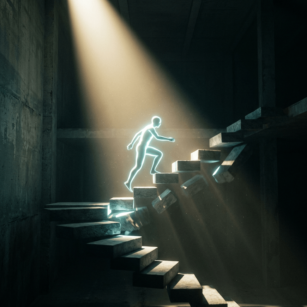 Glowing human figure climbing floating stone stairs bathed in light