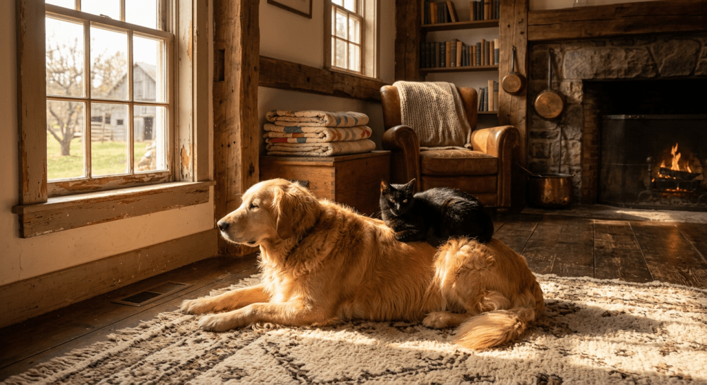 Golden retriever lying on a rug with a black cat on its back near a fireplace