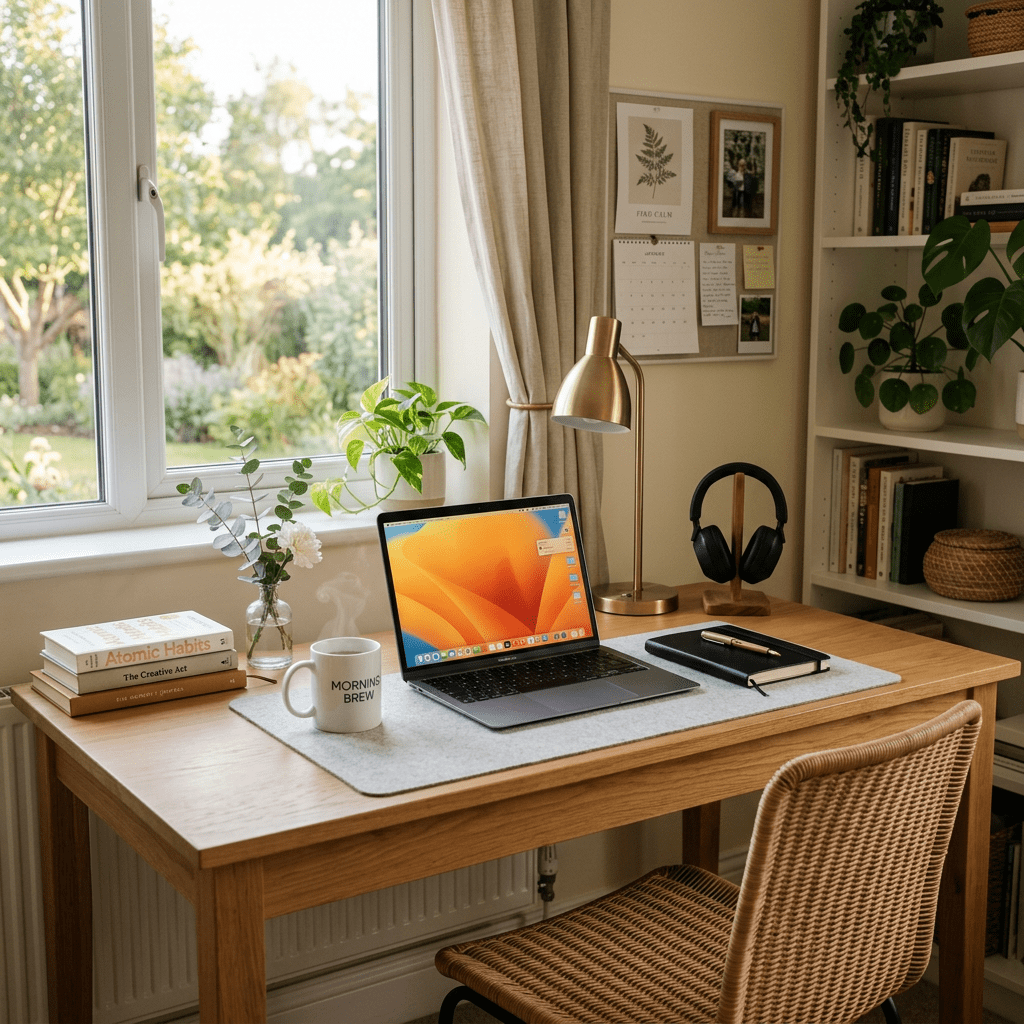 Wooden desk with laptop, coffee mug, plant, books, lamp, headphones, and notebook