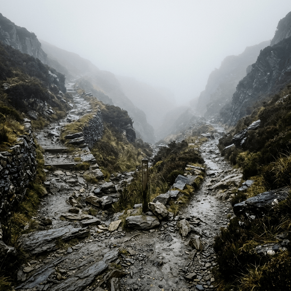 A forked rocky hiking trail in foggy mountainous terrain with stone walls and vegetation