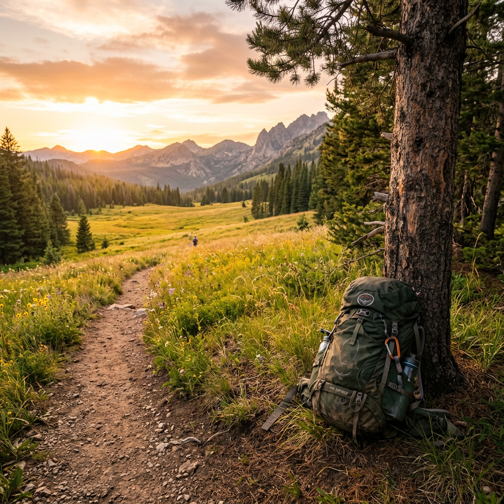 Backpack leaning on tree beside hiking trail leading to mountains at sunset