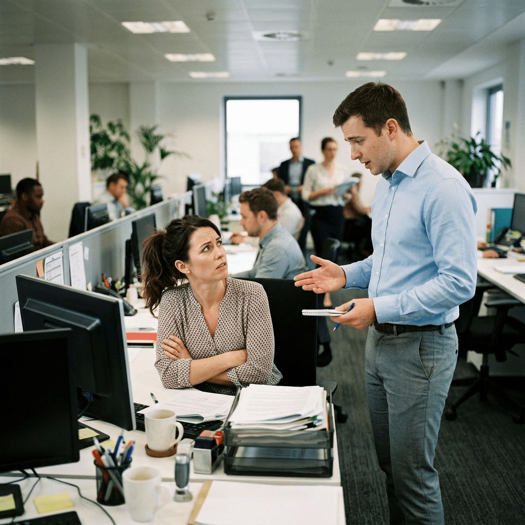 Man talking to woman with concerned expression in office workspace