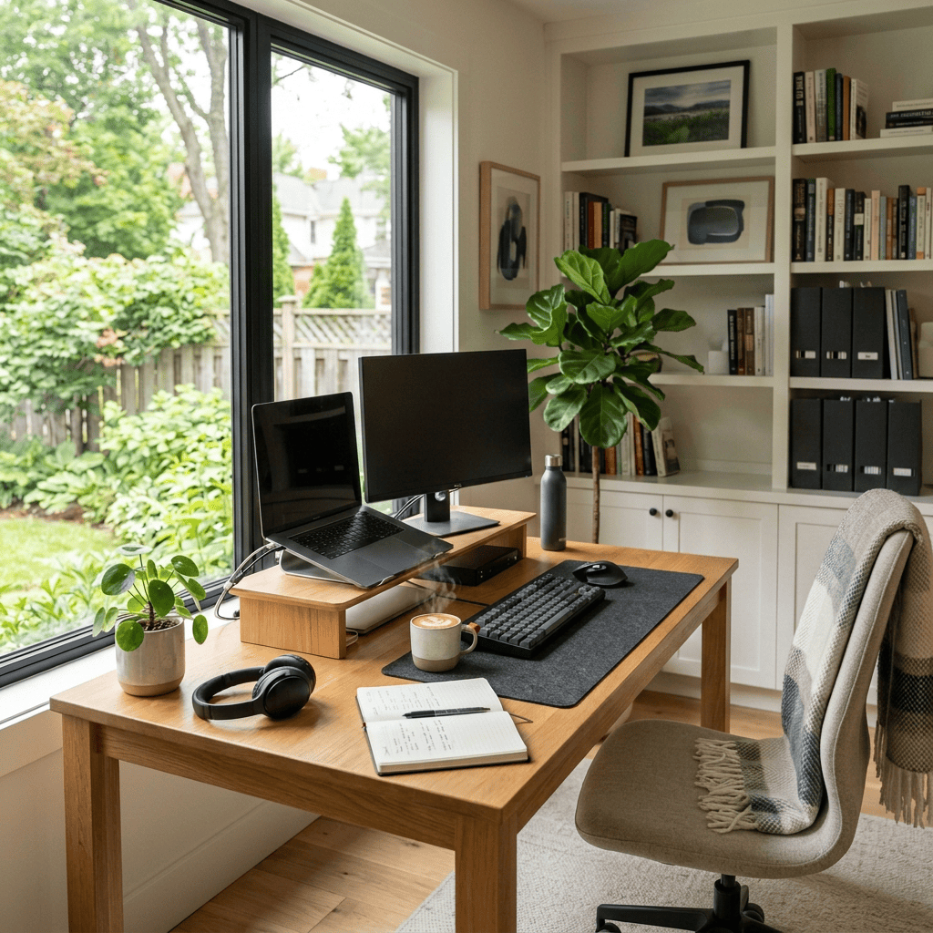 Woman working at a desk with laptop and monitor in a bright home office