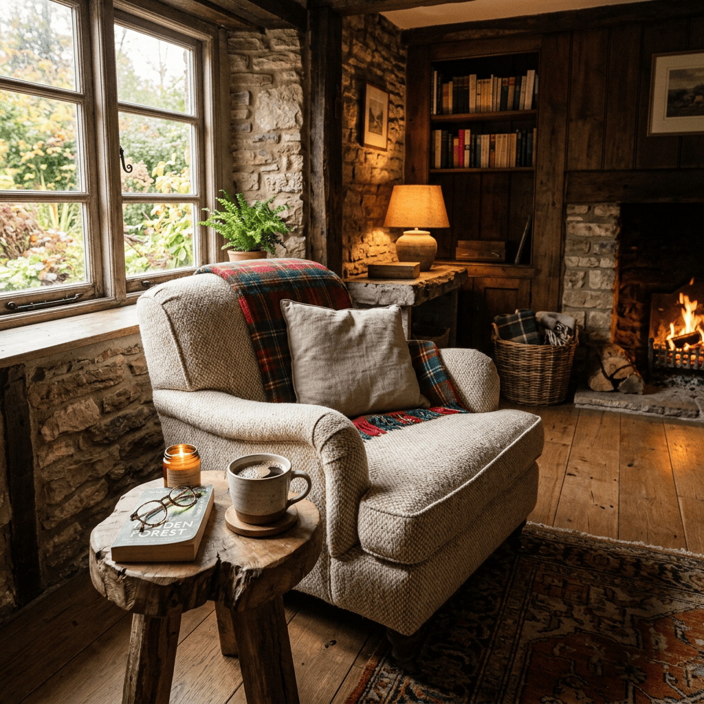 Cozy armchair with plaid blanket, coffee, book, candle, and fireplace