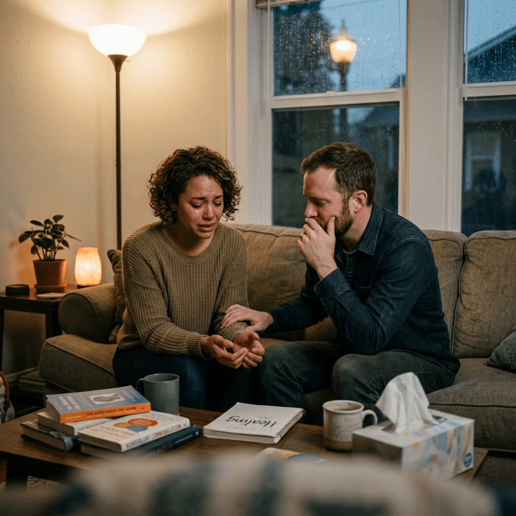 Woman crying as man comforts her on a living room sofa