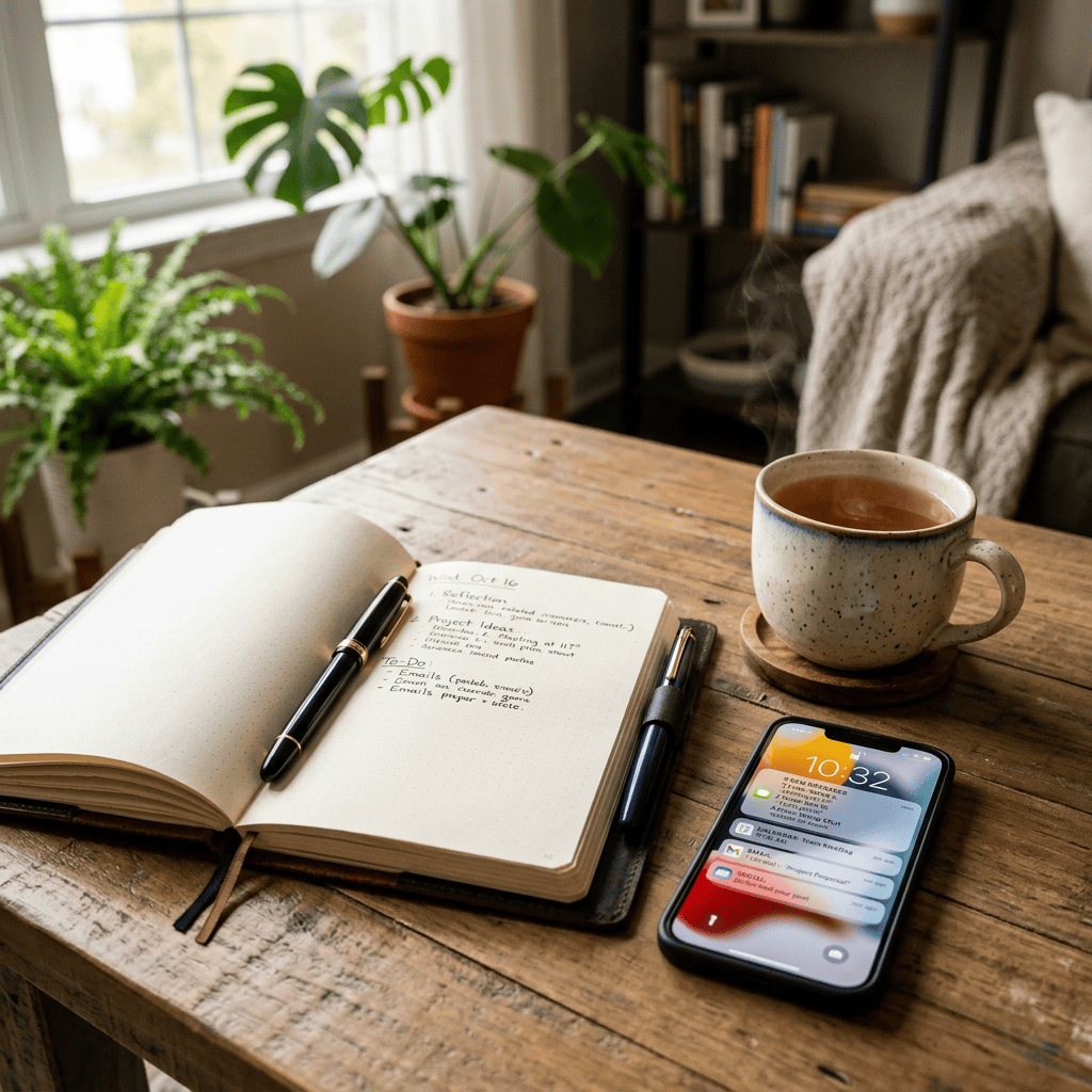 Open planner, pens, tea cup, and smartphone on a wooden desk