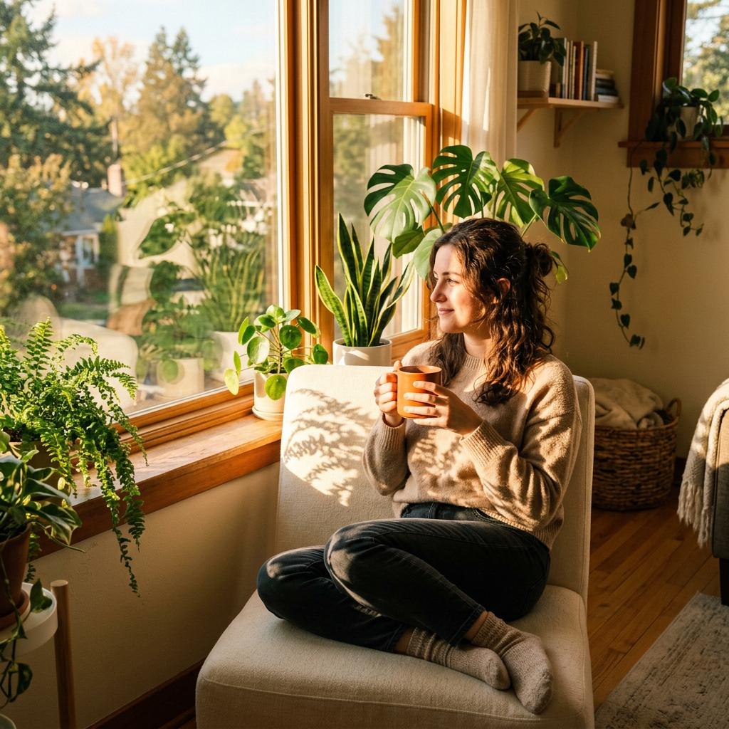 Woman sitting in a chair holding a mug beside sunlit houseplants