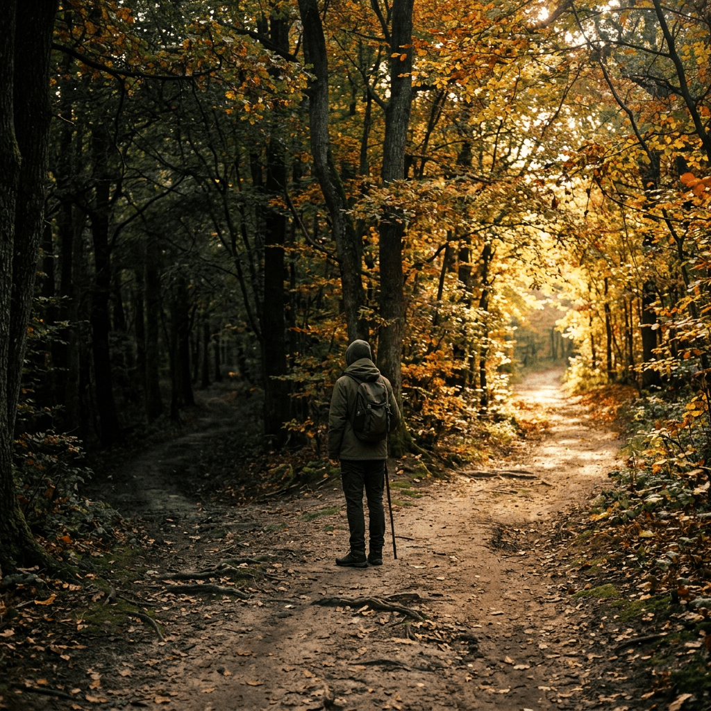 Hiker with backpack walking along a sunlit autumn forest trail