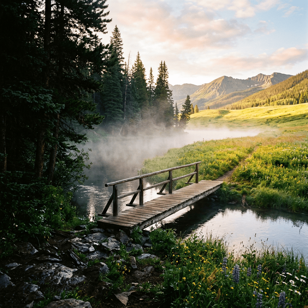 Rustic wooden footbridge over a misty stream in an alpine meadow