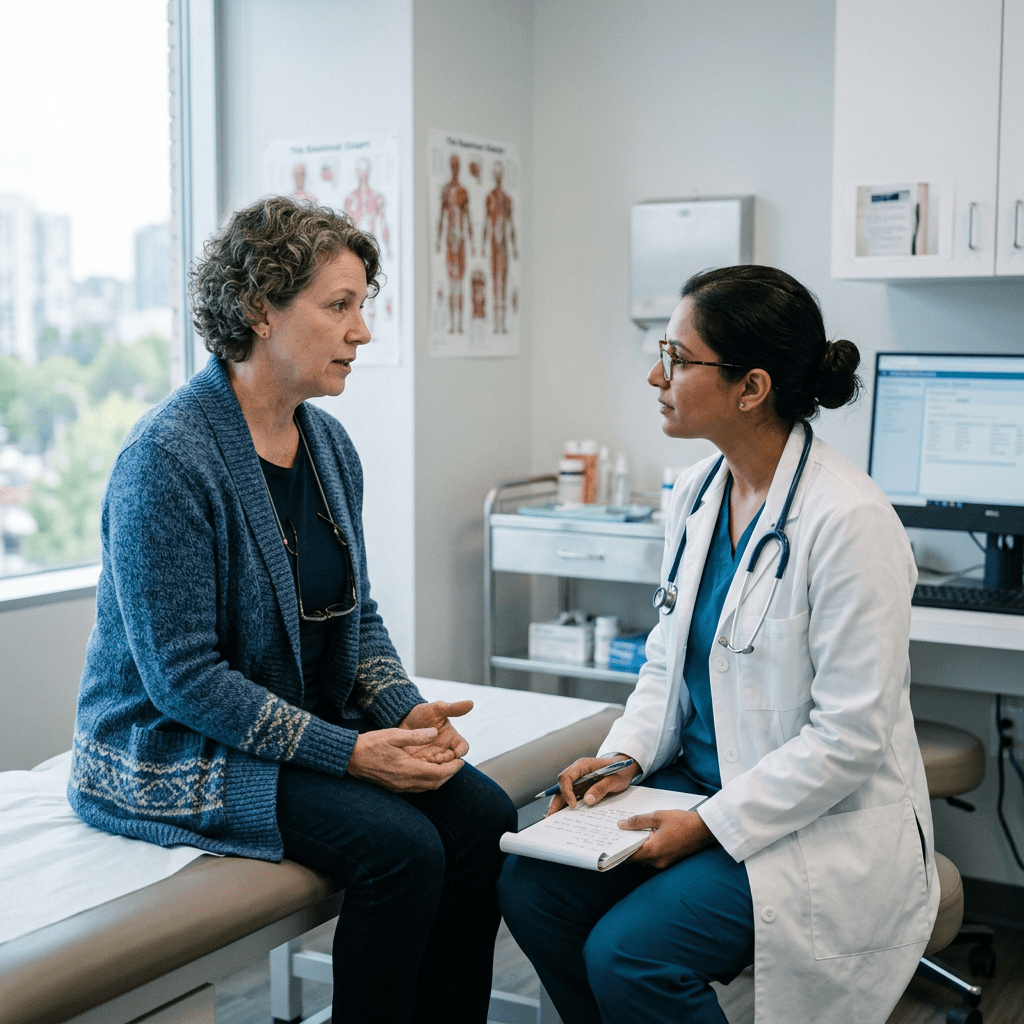 Doctor speaking with a patient seated on an examination table