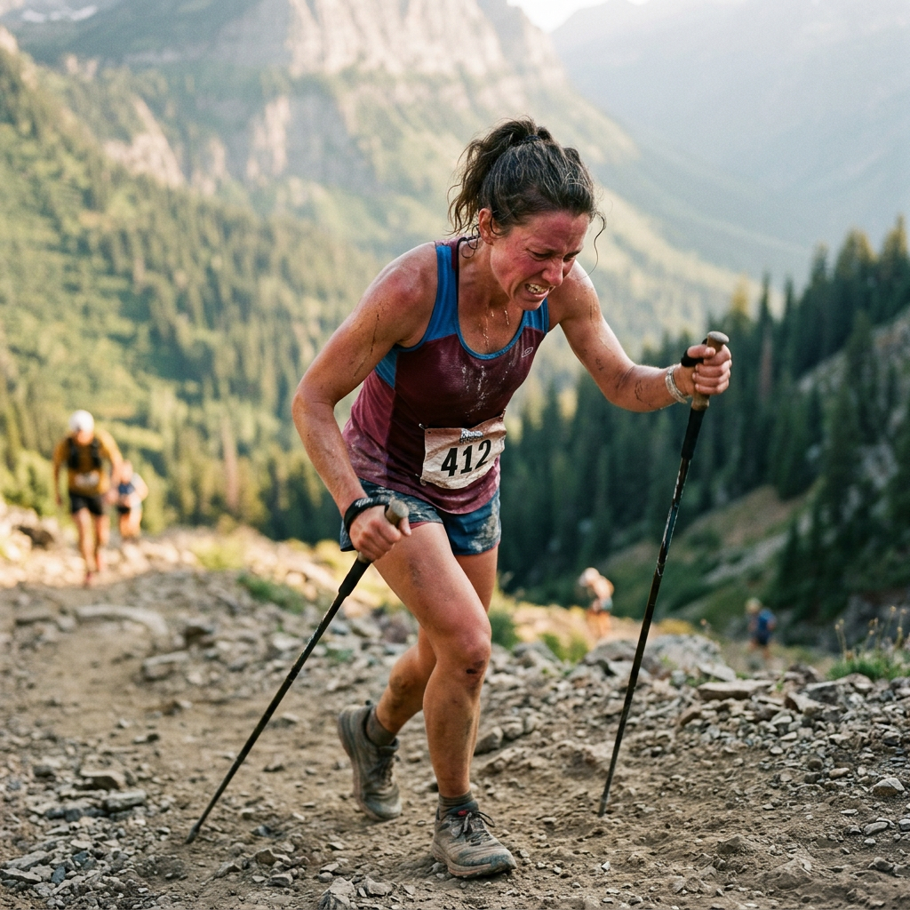 Trail runner wearing bib 412 climbs a rocky mountain path with poles