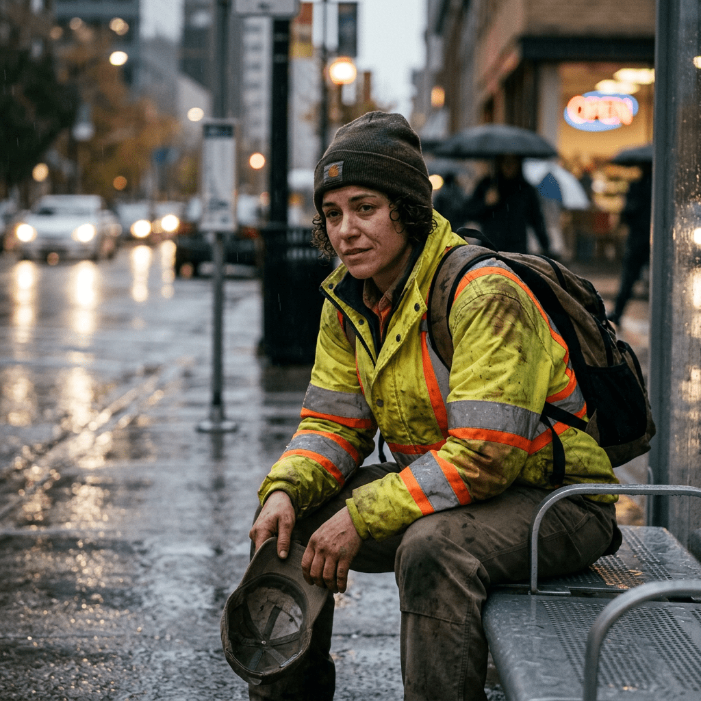 Worker in reflective gear sitting on a bench beside a rainy city street