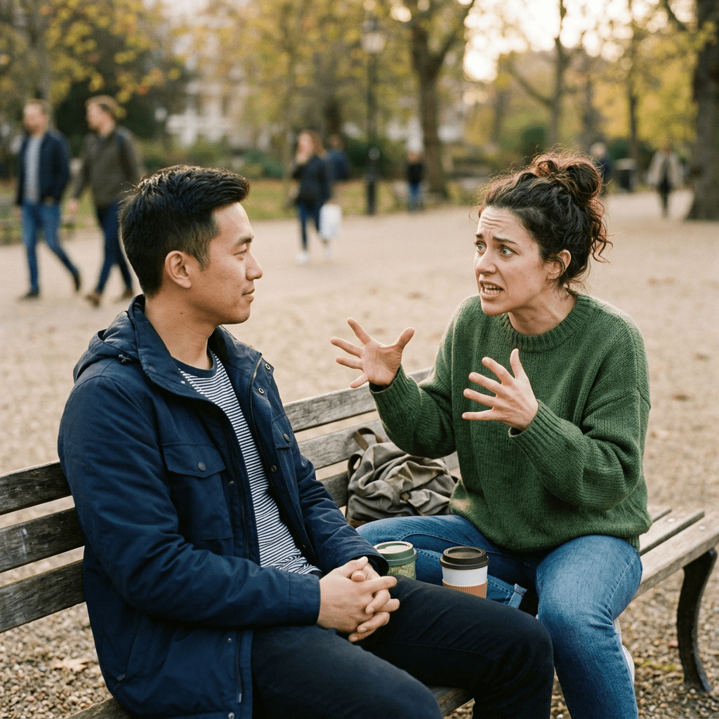 Two people having a serious conversation on a park bench