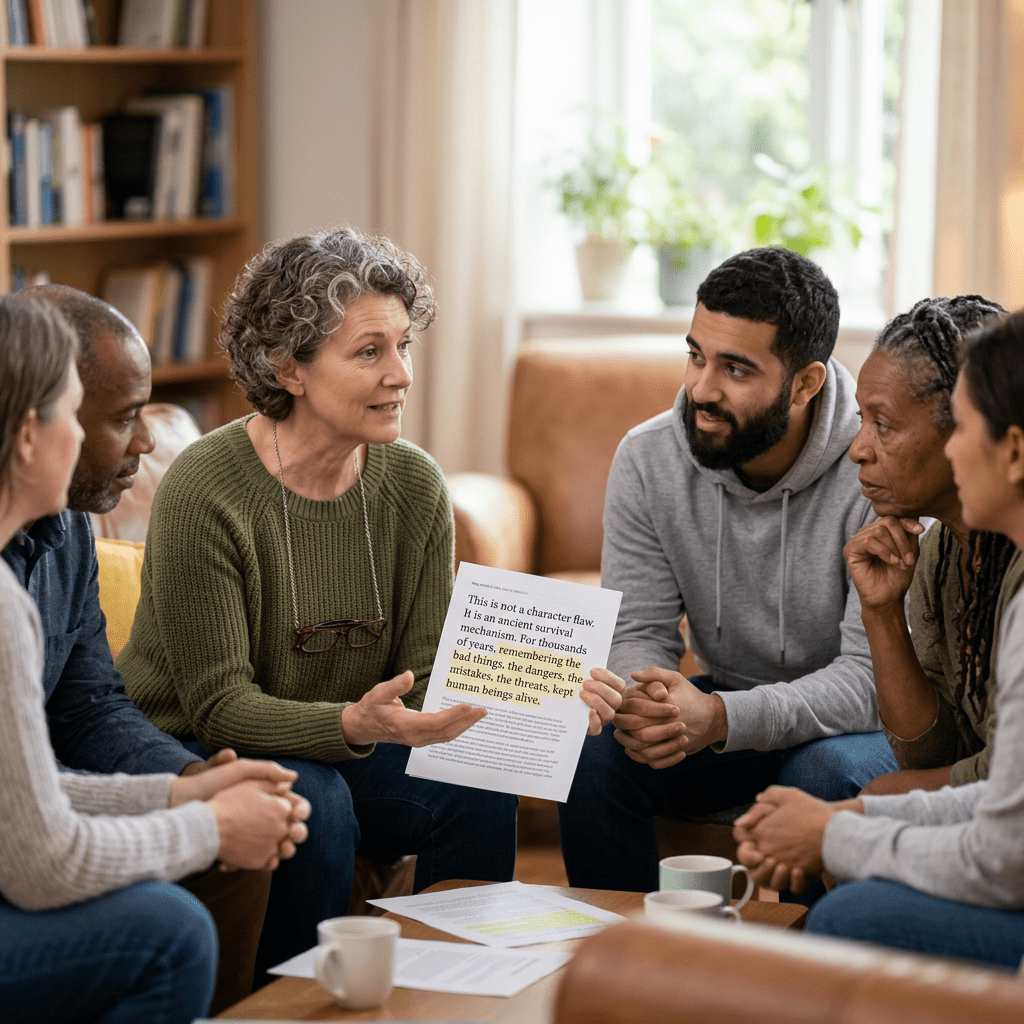 Group discussion with a paper reading, “This is not a character flaw. It is an ancient survival mechanism. For thousands of years, remembering the bad things, the dangers, the mistakes, the threats, kept human beings alive.”