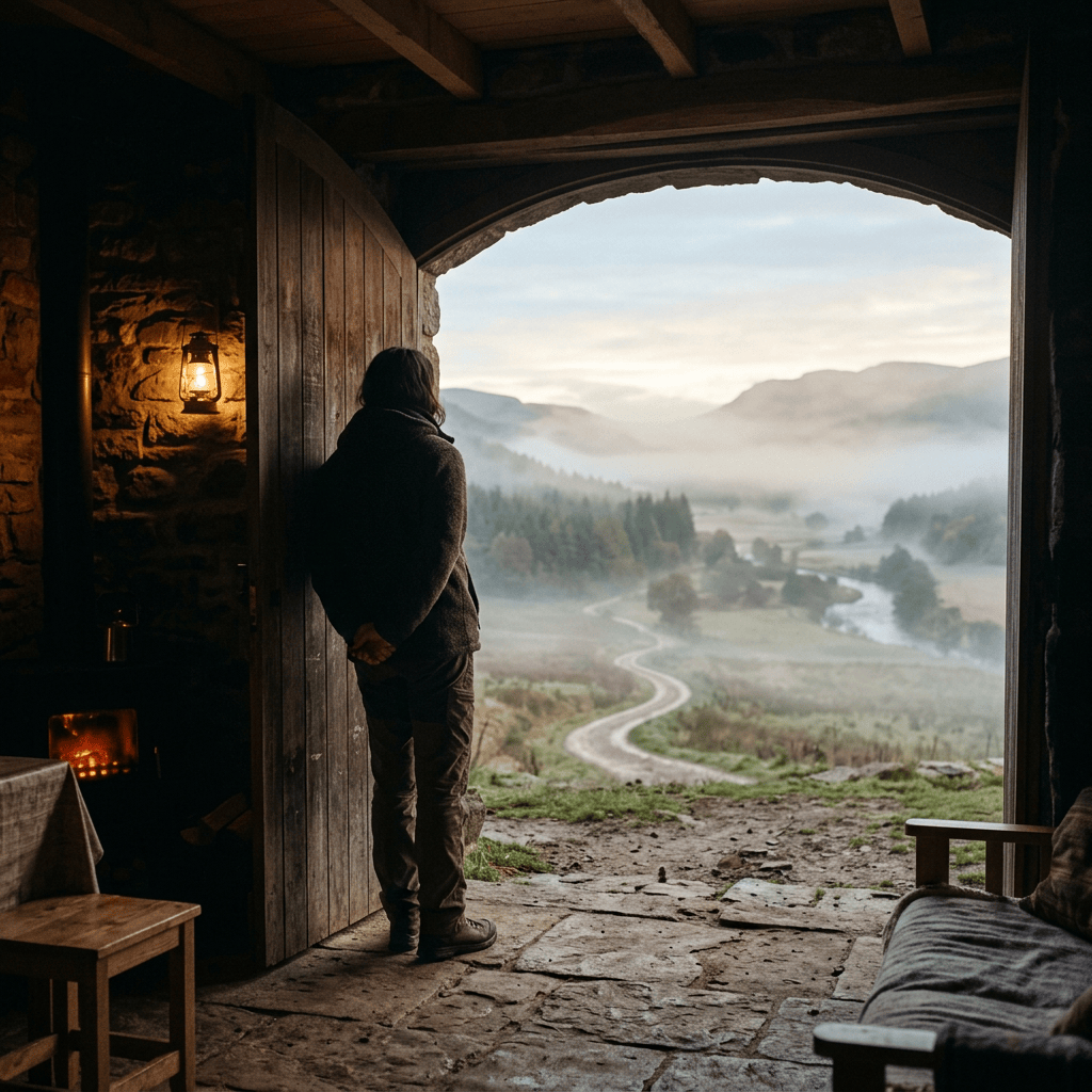 Person standing in a rustic cabin doorway overlooking a misty mountain valley