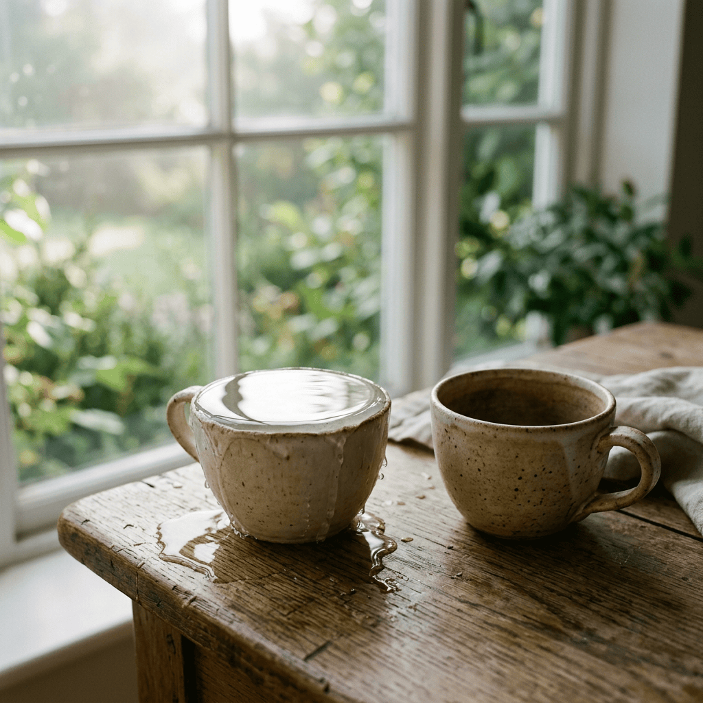 Two ceramic cups on a rustic wooden table by a garden window