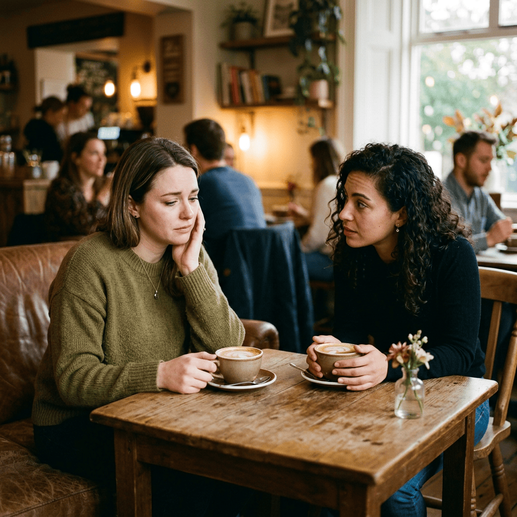 Two women talking over lattes at a cozy café table
