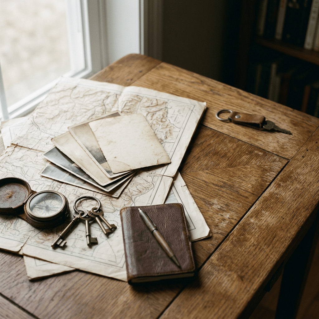 Maps, photographs, keys, compass, and leather journal on a wooden desk