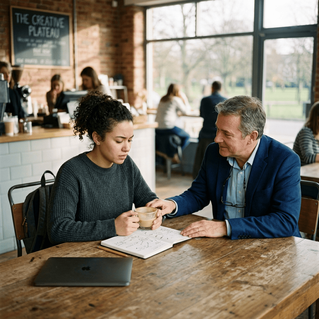 Two people discussing notes over coffee at a café table