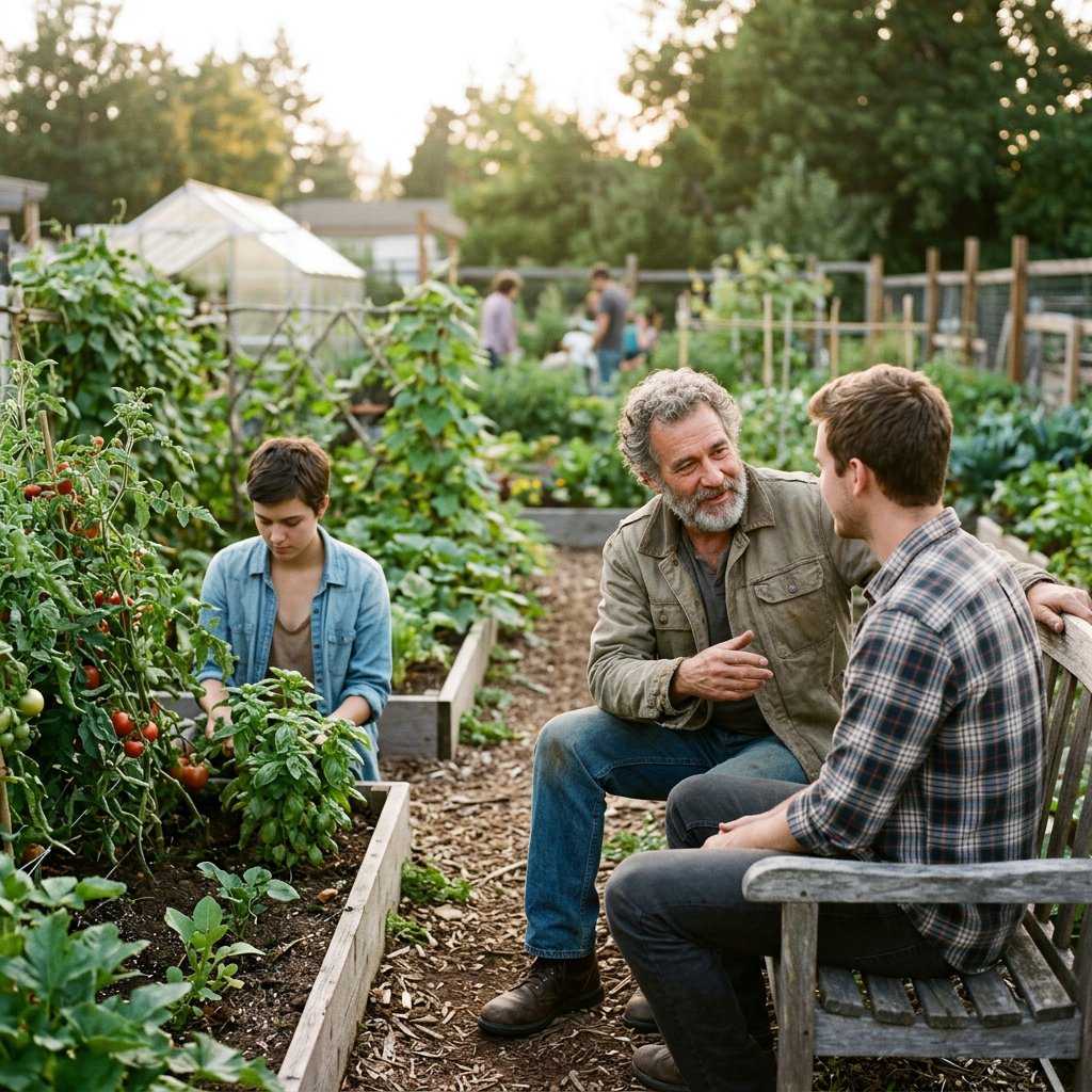 Three people working and talking in a community vegetable garden