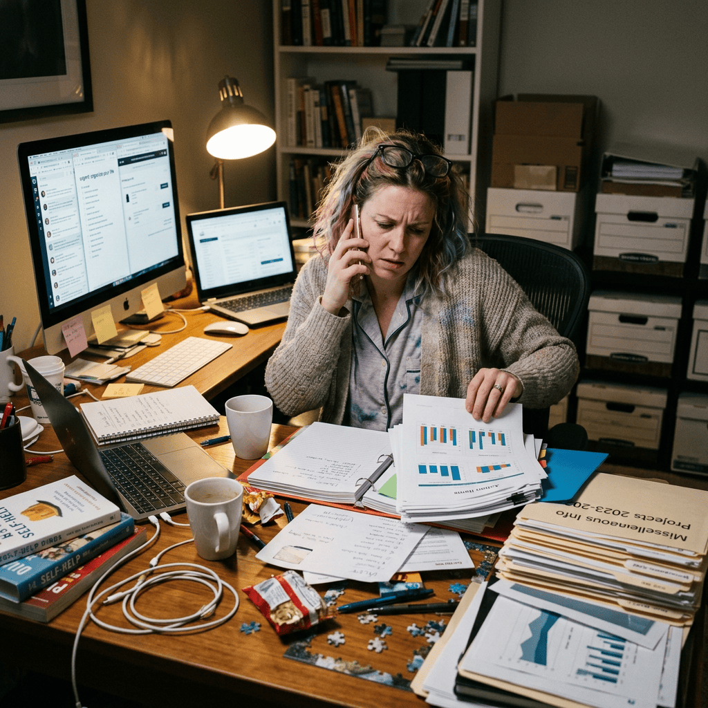 Stressed professional working among reports, computers, coffee, and office supplies