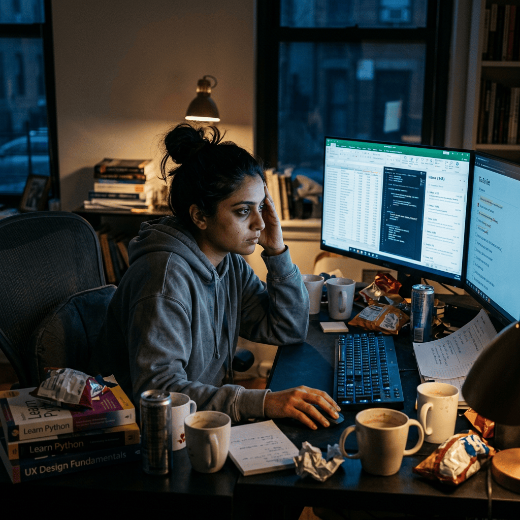 Person working at dual monitors with code, coffee, and programming books