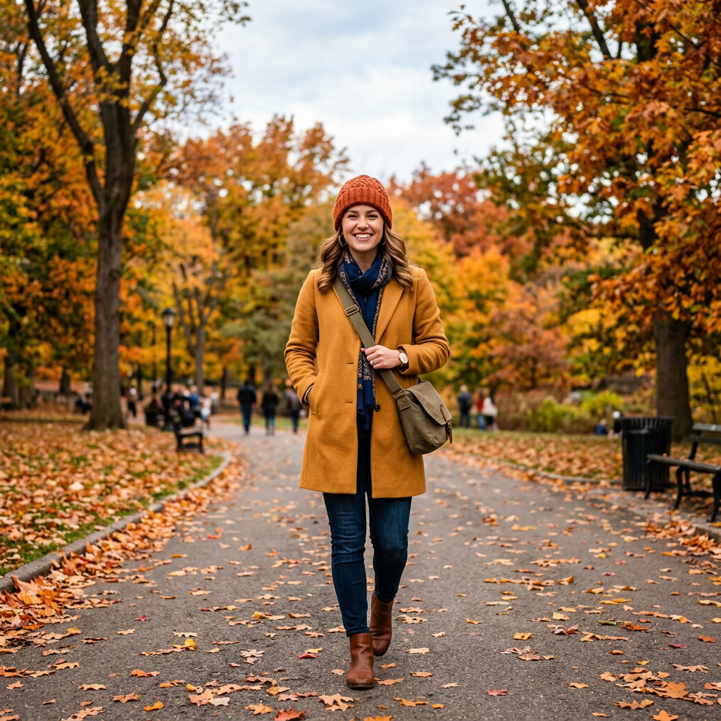 Smiling woman walking along a leaf-covered path in an autumn park
