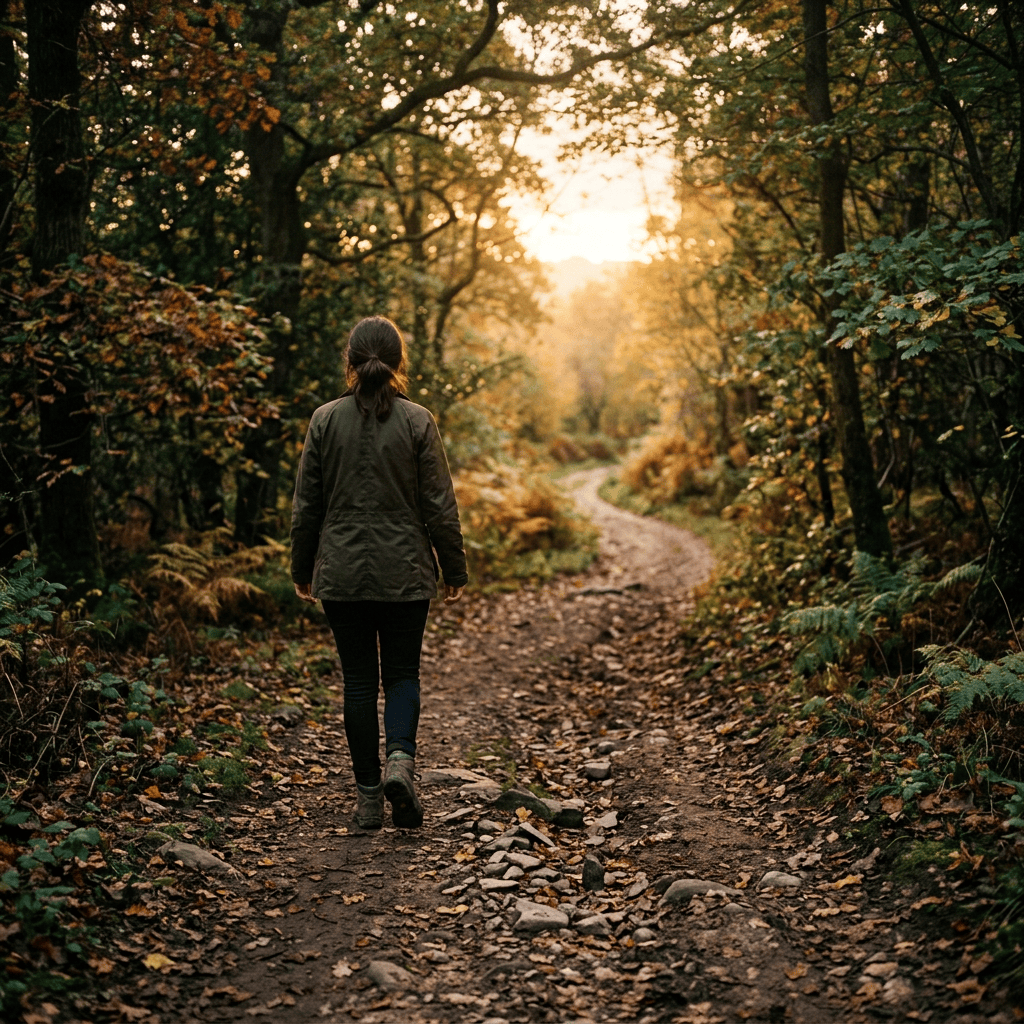 Person walking along a rocky forest trail beneath autumn trees