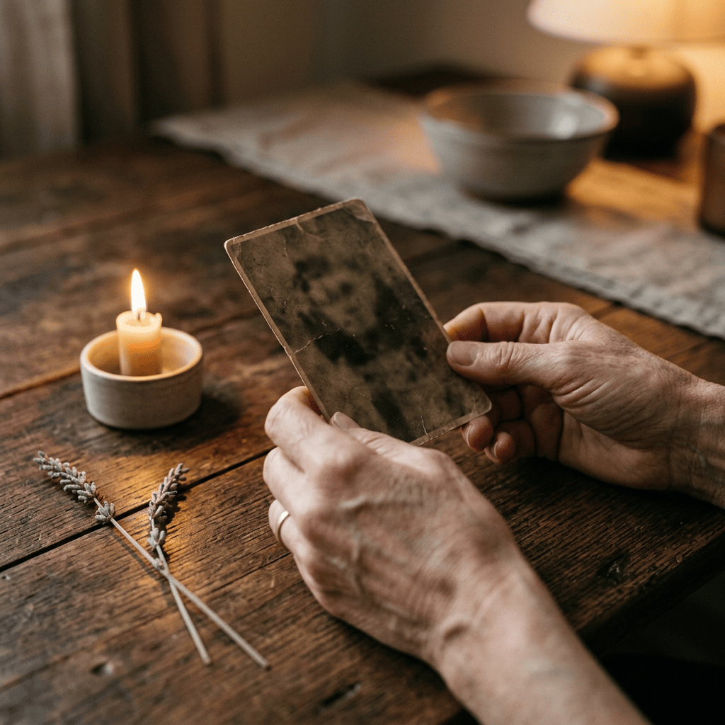 Hands holding a weathered card beside a lit candle and lavender sprigs