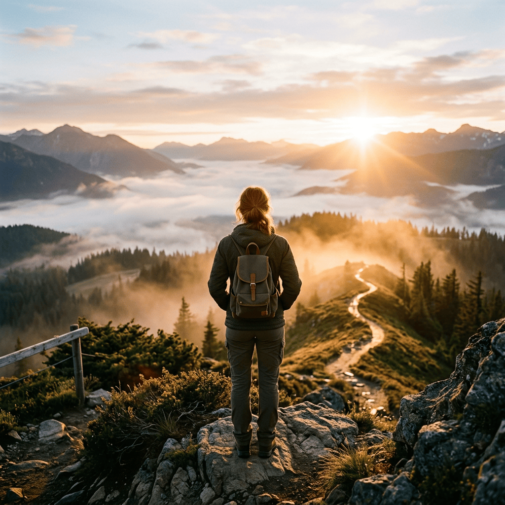 Hiker with backpack overlooking a misty mountain valley at sunrise