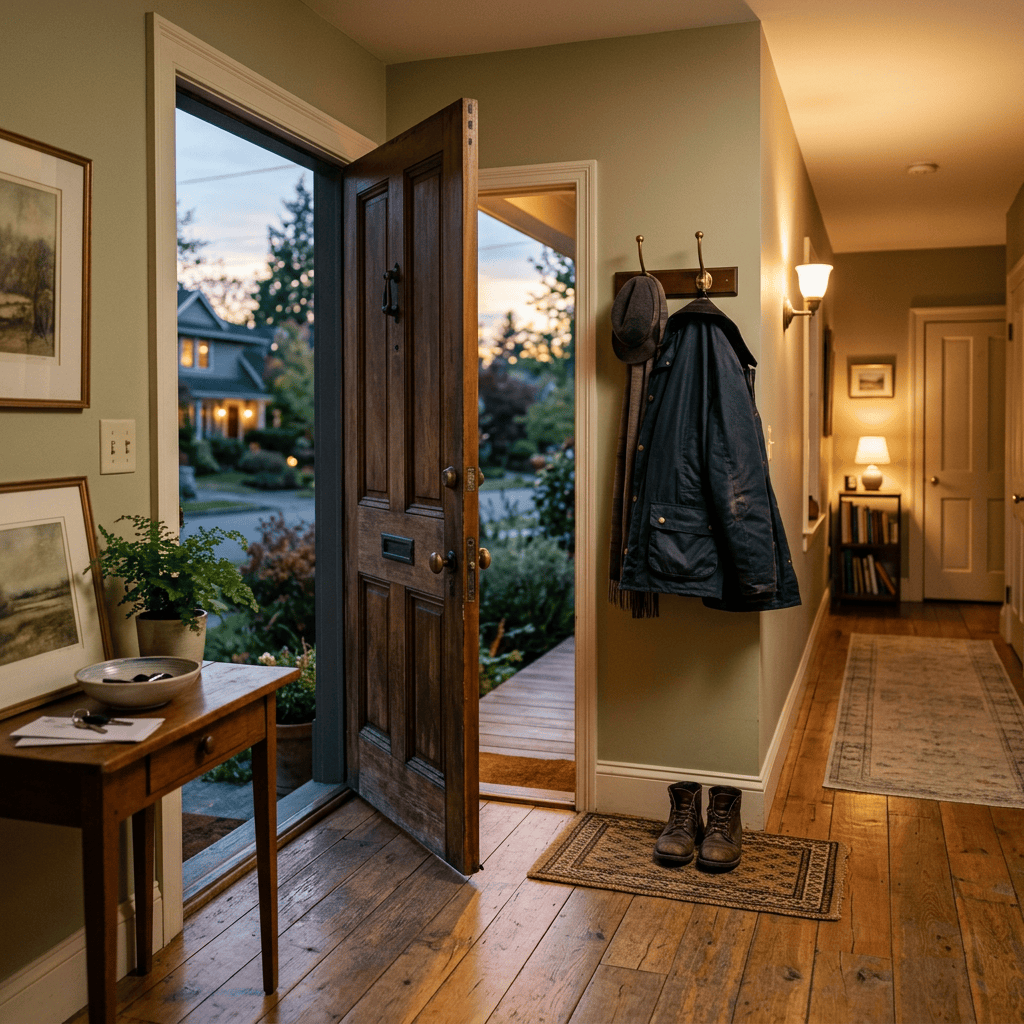 Open front door beside coat hooks, boots, and a hallway at dusk