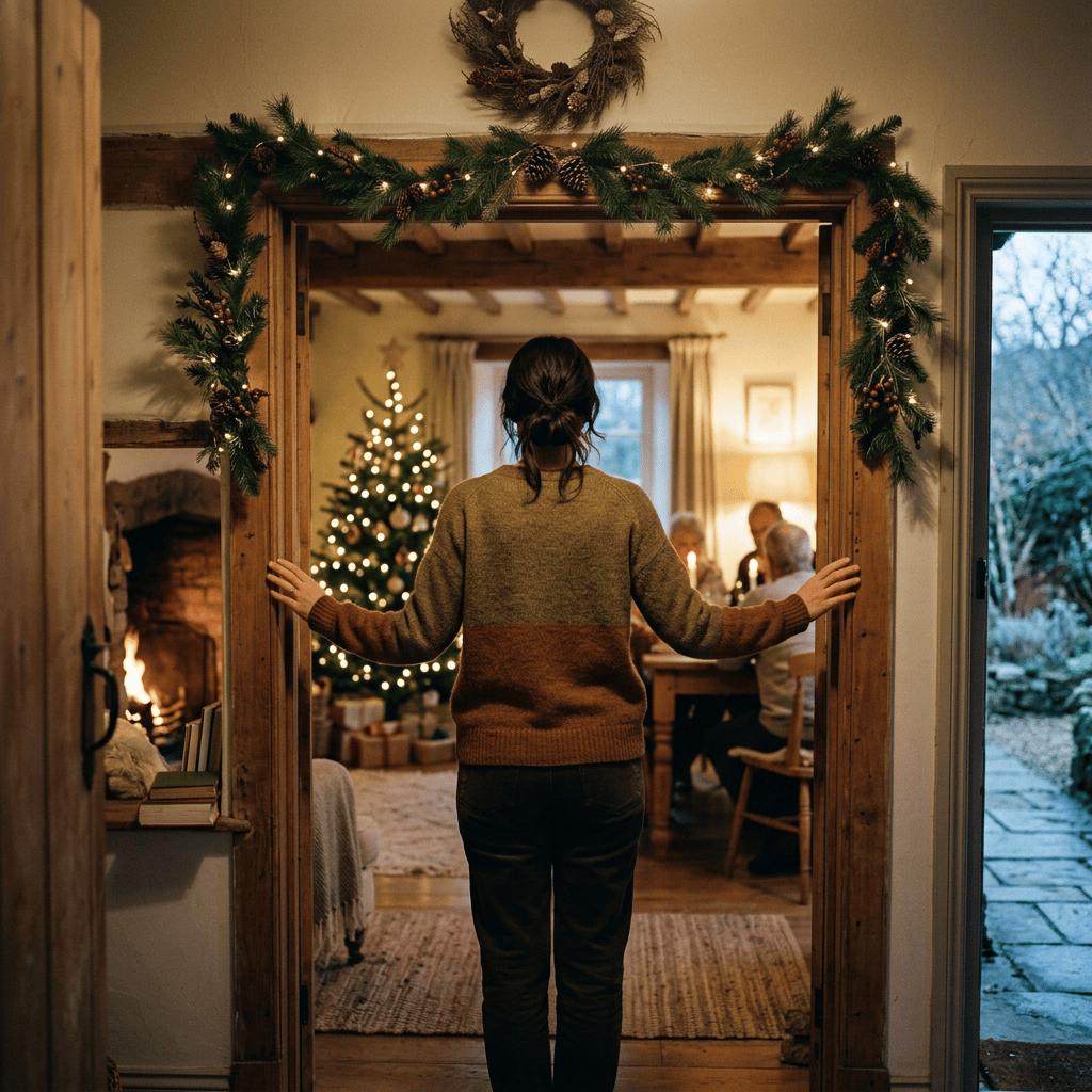 Person at a softly lit Christmas doorway