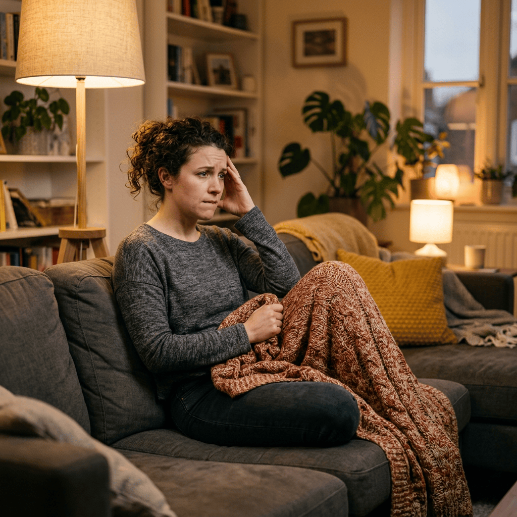 Woman sitting on a sofa wrapped in a knitted blanket