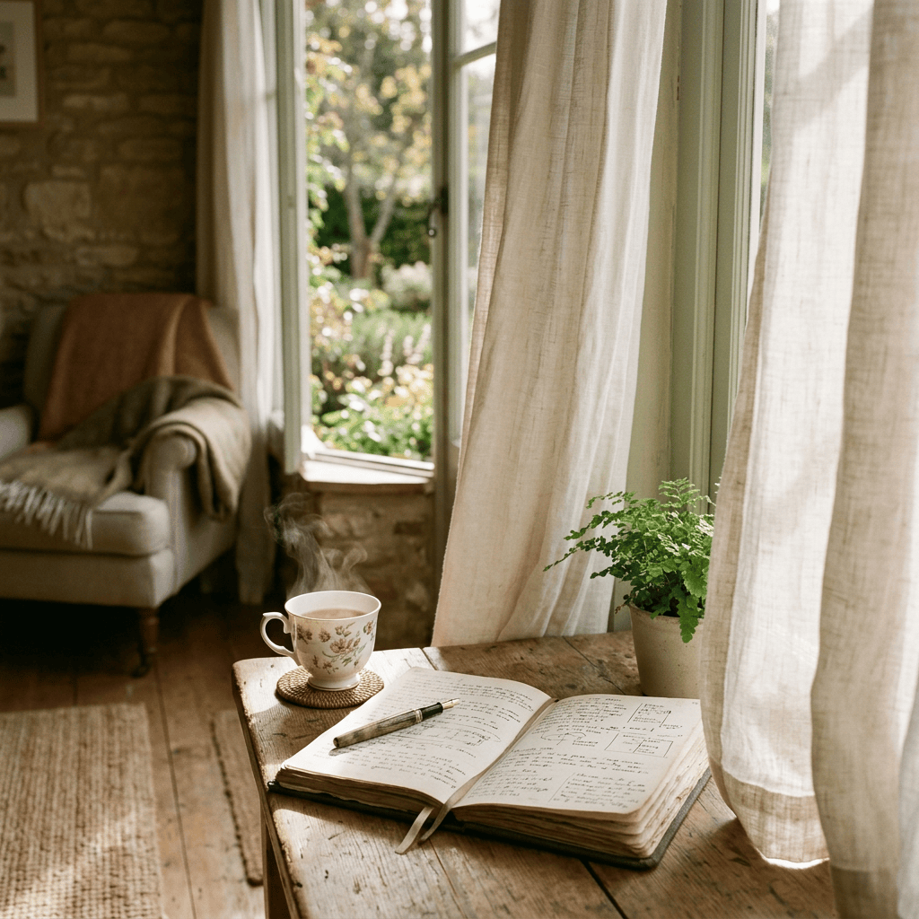 Open journal and steaming tea on a wooden table by a sunny window
